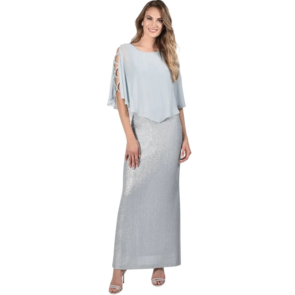 Frank Lyman Womens Evening Maxi Dress Metallic Lined Wedding Event Prom‎ Blue 8